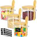 Glass Jars with Bamboo Lids - 4 Pack 10 Fl.oz Square Glass Spice Jars with Airtight Lid and Spoon, Kitchen Pantry Container Stackable Food Canister Set for Coffee, Sugar, Tea, Candy, Oats