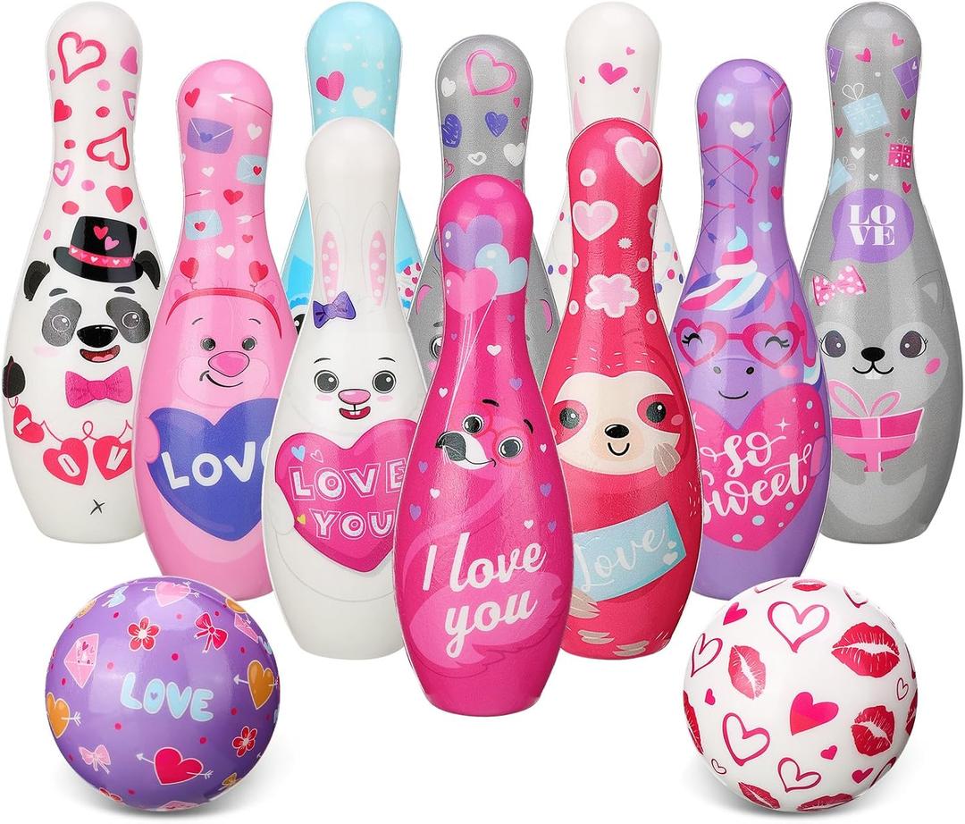 Syhood 12 Pcs Valentines Day Bowling Set 10 Foam Pins and 2 Balls Valentine Game Heart Owl Animal Bowling for Valentine Holiday Party Activity Indoor Outdoor