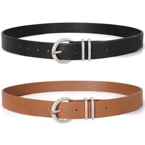 XZQTIVE 2 Pack Womens Leather Belts for Jeans Dress Pants Fashion Plus Size Ladies Black Waist Belt with Gold Buckle (Medium: fits waist from 31"-37")