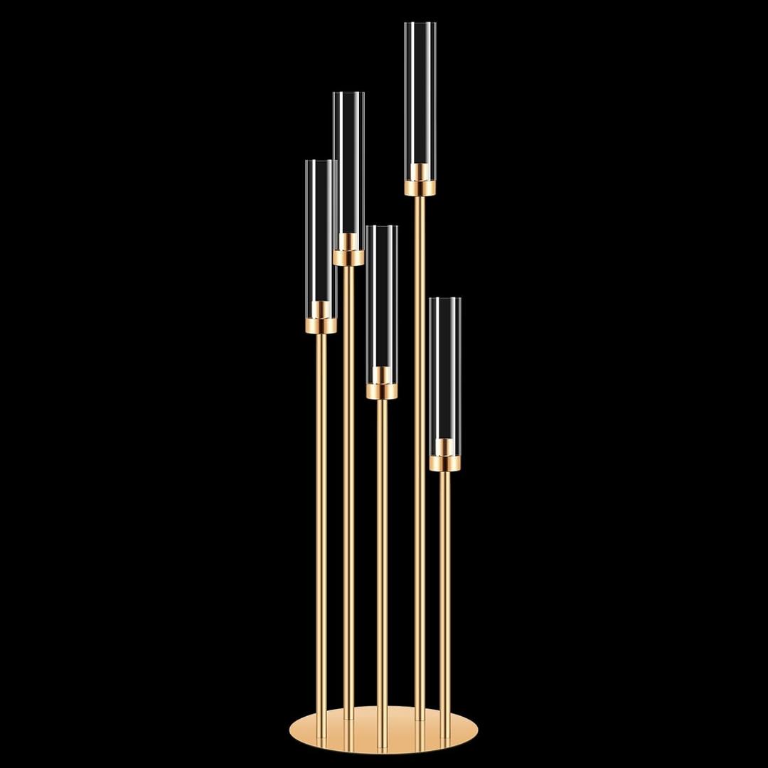 5 Arm Golden Candle Holder with Acrylic Lampshade, 41.3'' Tall Candlesticks Holder for Christmas Wedding Housewarming Gift,Metal Candle Holders Candlestick Centerpiece,Fit 0.87'' LED Candle