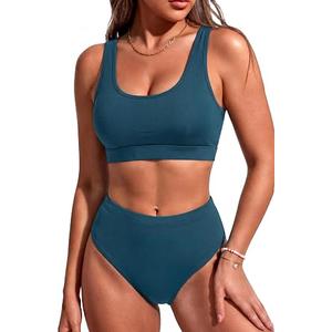 Tempt Me Women Blue Green Two Piece Scoop Neck Bikini Crop Top Swimsuit Sporty High Waisted Bathing Suit M