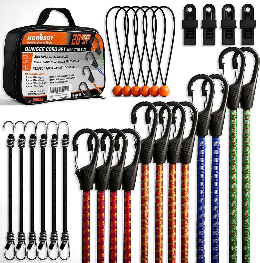 HORUSDY 28-Piece Premium Bungee Cords with Hooks, Includes 10, 18, 24, 36, 48, Bungee Cord Assortment (10 to 48 Inch)