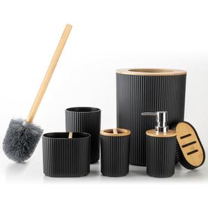 Fun Memories Bathroom Accessories Set 6 Pieces Black Bath Ensemble Includes Toothbrush Holder, Soap Dispenser, Toothbrush Cup, Soap Dish for Decorative Countertop and Housewarming Gift, Black