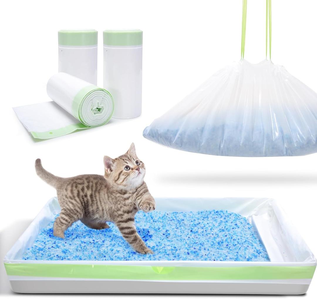 54 Count Cat Litter Liners for Pet Scoop free Litter Tray, Open/Hooded Litter Pan, Pull-out Litter Box Sliding Drawer, Drawstring Pet Waste Bags Heavy Duty - Tear & Leak Resistant, 37x12.5" (Green)