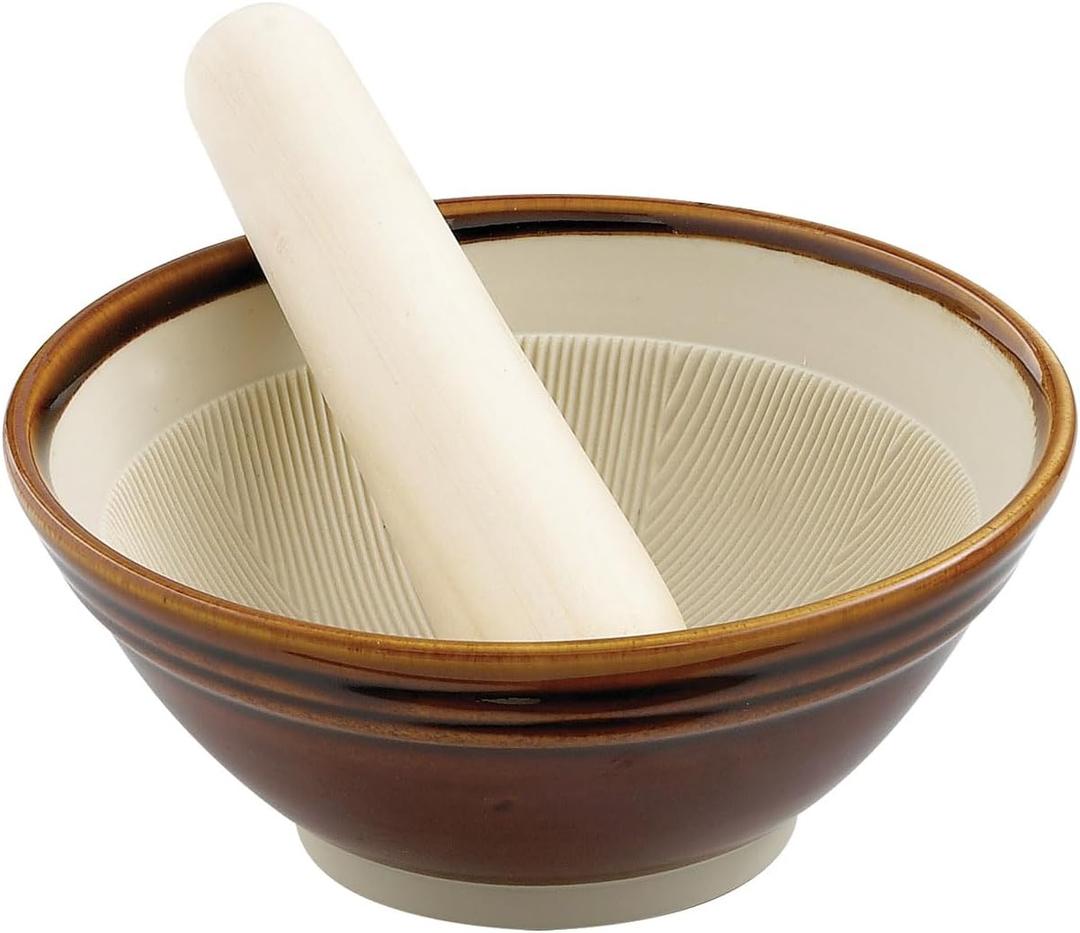Helens Asian Kitchen Suribachi Set, Ceramic Mortar Bowl with Wooden Pestle
