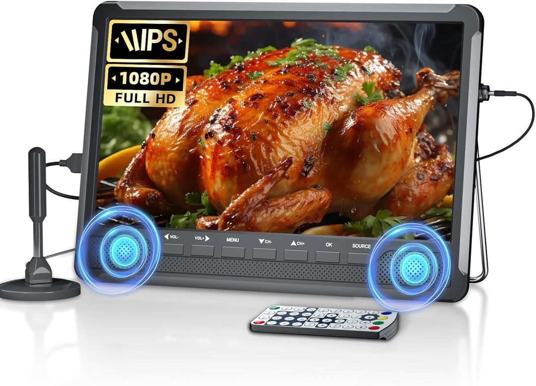 Desobry 10.5" Small Flat Screen Portable TV with Antenna ATSC Tuner, Kitchen TV Support 178 Viewing Angle,Dual Speaker and HDMI/USB/RCA Port, Small Television for Camping Car