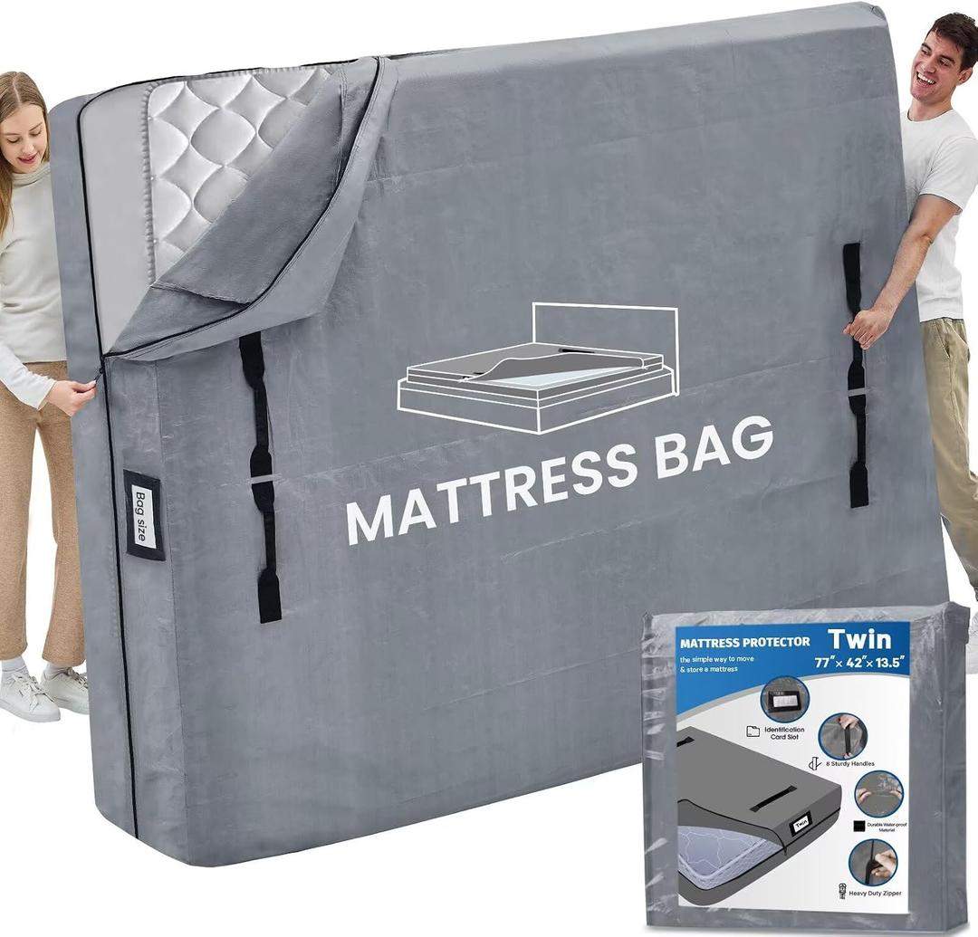 Mattress Bags for Moving and Storage, BETU Twin Mattress Protector Waterproof Mattress Cover with 8 Heavy Duty Handles and Zipper Extra Thick Moving Supplies for Dorm Bed Reusable (77x42x13.5 Grey)