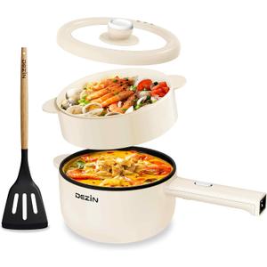 Dezin Electric Cooker, 2L Non-Stick Saut Pan, Rapid Noodles Cooker, Mini Pot for Steak, Egg, Fried Rice, Ramen, Oatmeal, Soup with Power Adjustment, College Dorm Room Essential(Egg Rack Included) (Round - F(Beige/with Steamer))