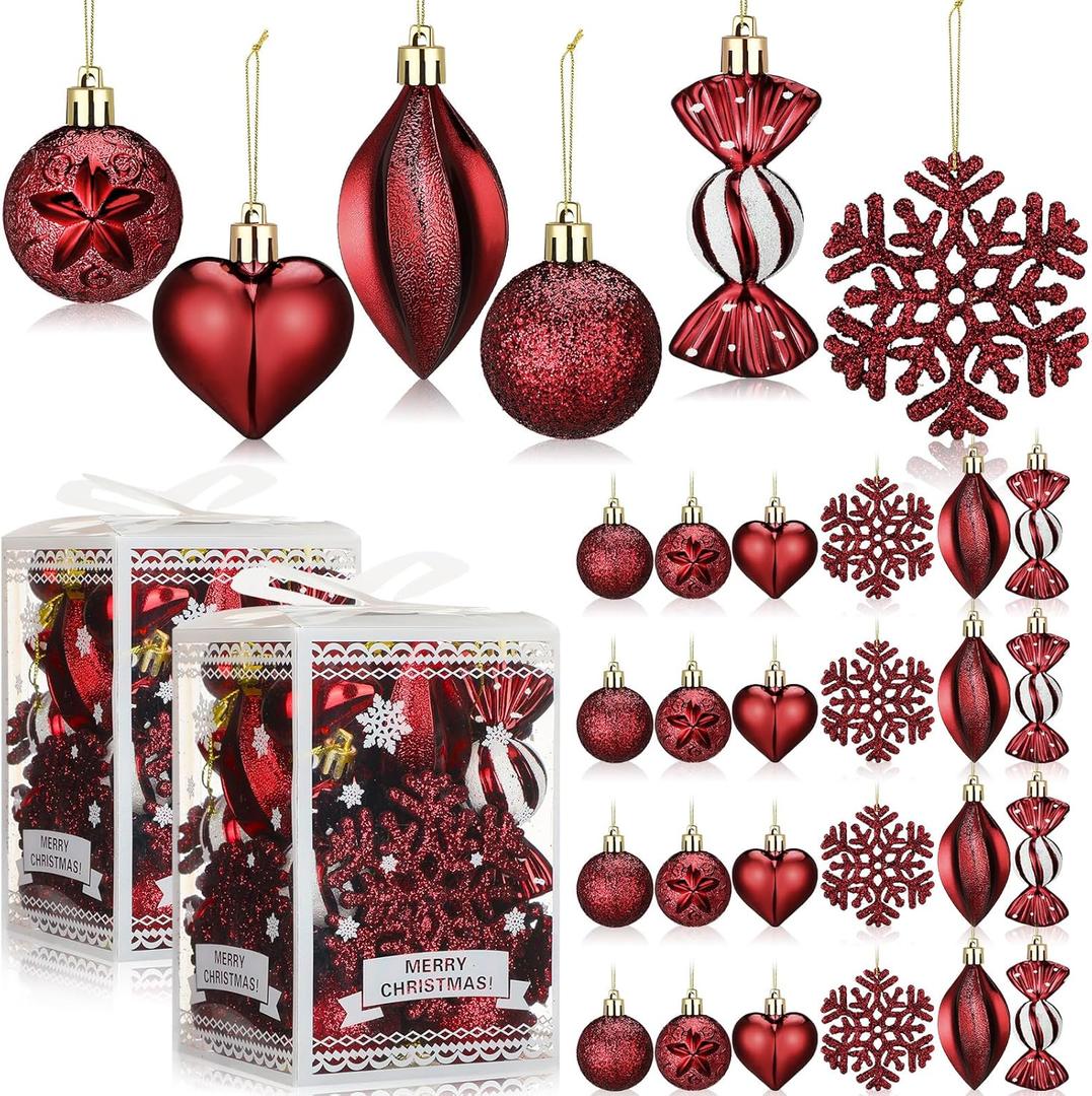 Realspring 52 Pcs Burgundy Christmas Ball Ornaments Set Red Shatterproof Plastic Tree Hanging Ornaments Color Christmas Decorations for Xmas Tree Wreath Wedding Holiday Party Decor