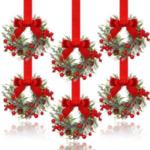 Dingion 6 Pcs 6" Christmas Mini Cabinet Wreaths for Kitchen with Ribbon Bows Red Berry Small Window Wreath for Window Door Farmhouse Christmas Party Decorations (Stylish Style)