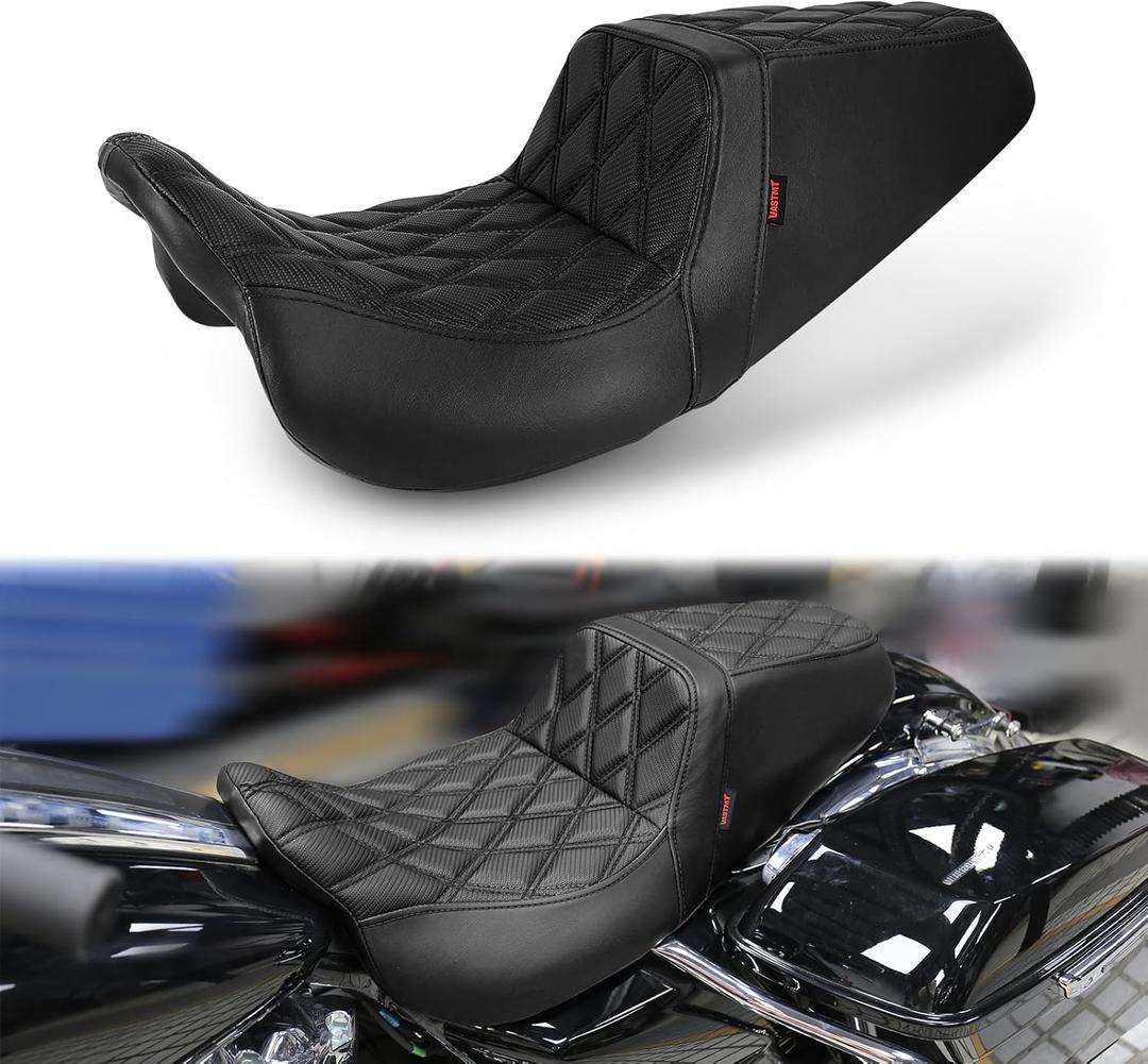 One Piece Rider Passenger Seat Driver Gel Seat Compatible with Harley Touring Street Glide Road Glide Road King Electra Glide 2008-2022 (Black Stitching&Diamond Pattern)