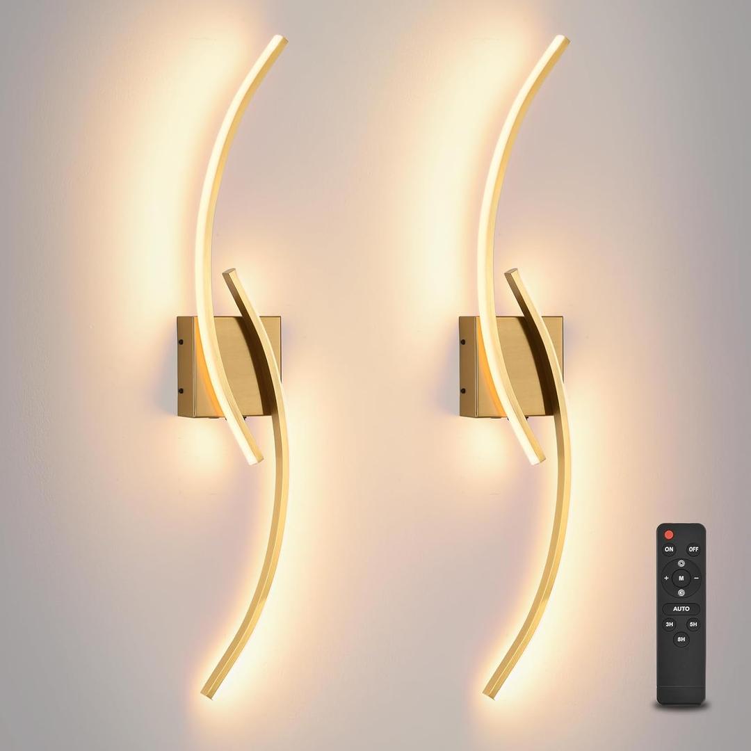 Battery Operated Wall Sconce Set of two, 3000K-6000K LED Dimmable Battery Wall Sconces with Remote Control, USB Rechargeable 31.4" gold Wireless Wall Lights for Living Room, Bedroom, Staircases