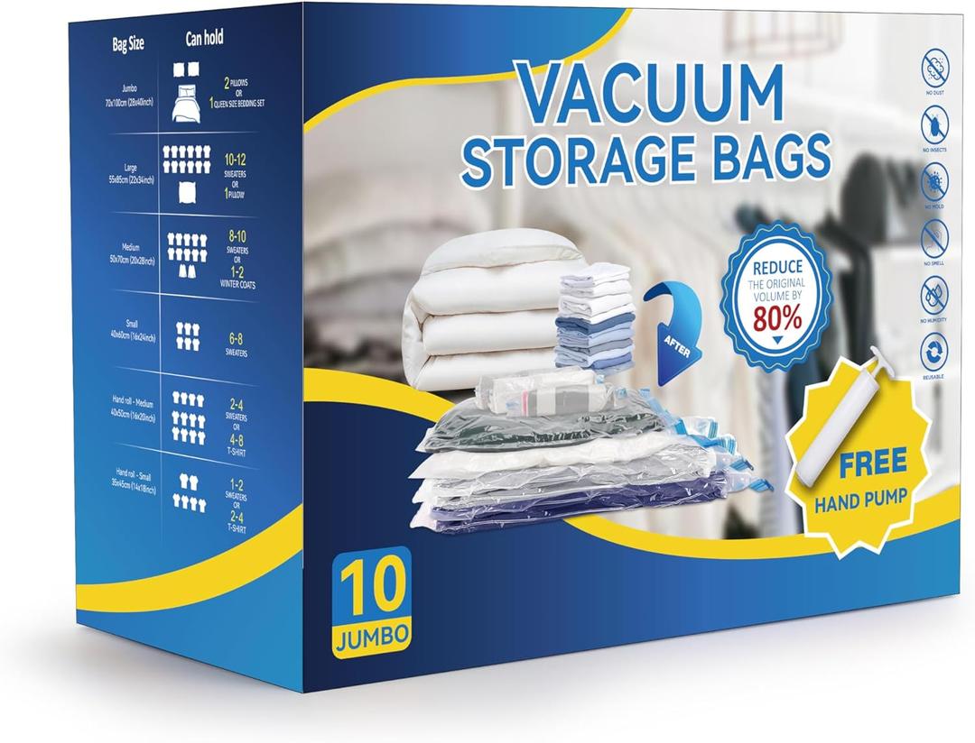 10 Jumbo Vacuum Seal Bags with Hand Pump, Vacuum Storage Bags, Space Saver Bags for Clothing, Comforters, Blankets, Bedding, Pillows (10Pack)