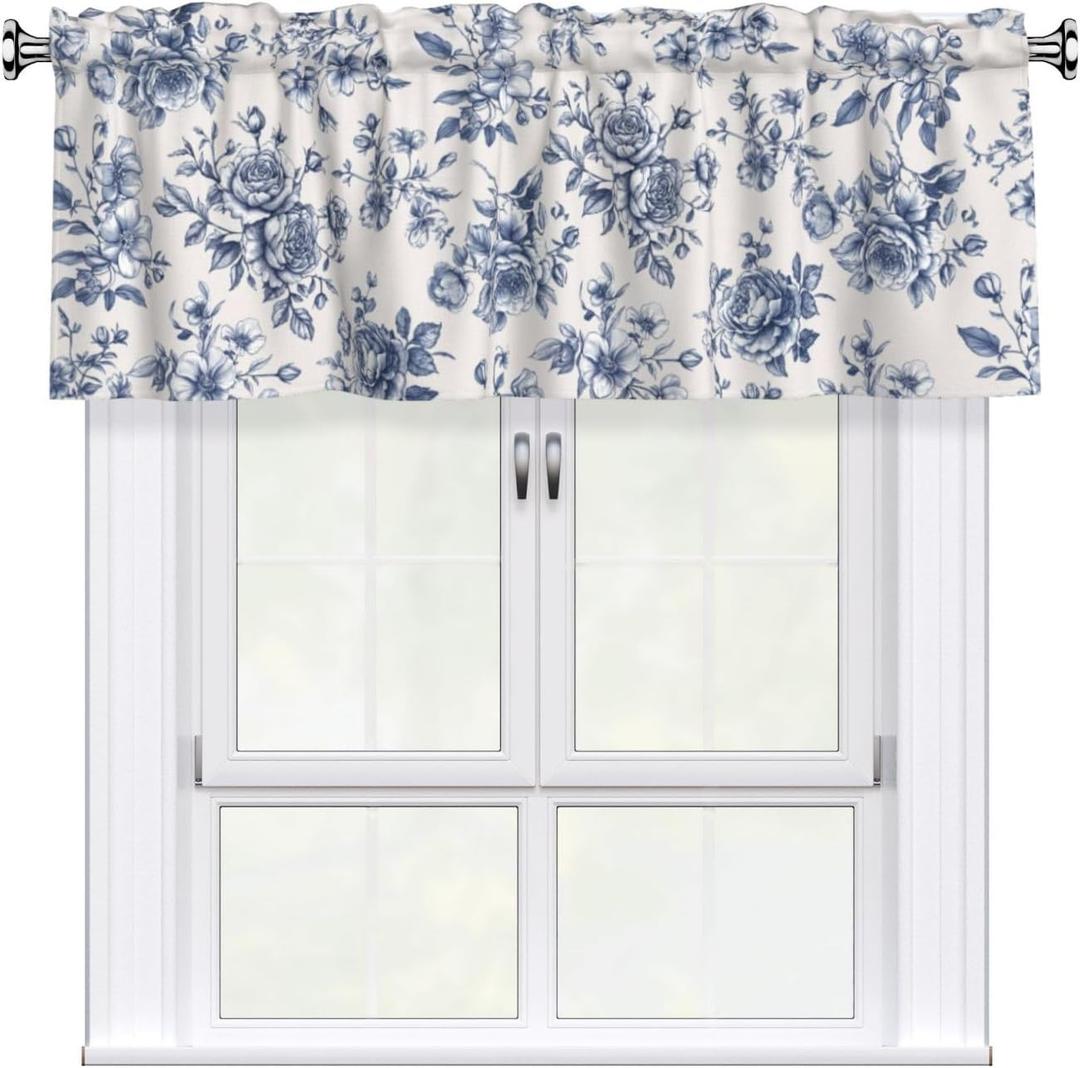 Miaoquhe Floral Valances for Windows 54"x18" Chinoiserie Flowers Blue and White Short Curtains for Kitchen Spring Vintage Small Window Treatment Rod Pocket Valance for Bedroom Dining Room Decor