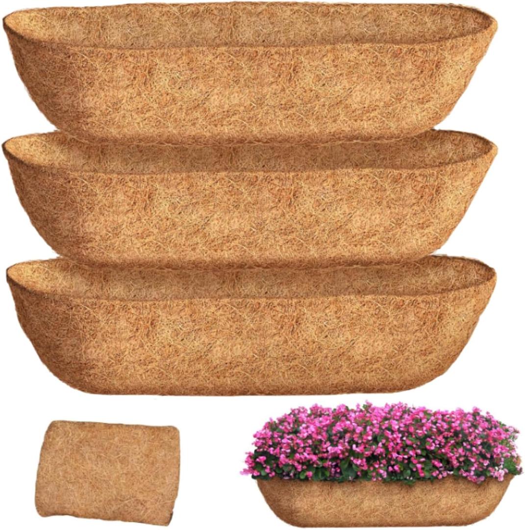 36 inch 3 Pack Trough Coco Liners, Natural Coconut Coir Fiber for Wall Basket Planters, Window Box Liners, Garden Planter Baskets, Fence Flower Baskets (3 Pack, 36 inch)