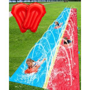 Spring Water 30ft Slip and Water Slide for Kids Backyard, Extra Long 2 Lanes Slip n Water Slide with Sprinkler, Gaint Water Slides with 2 Inflatable Bodyboards Outdoor Fun Summer Water Toys