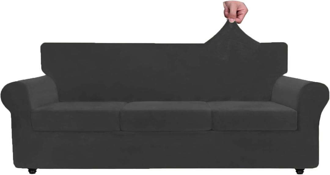 ZNSAYOTX Oversized Velvet Couch Cover 4 Piece (92"-115") Stretch Sofa Covers for 3 Cushion Couch Thick Soft XL-Slipcover with Non Slip Strap, Dog Pet Friendly Nice Furniture Protector (Black)