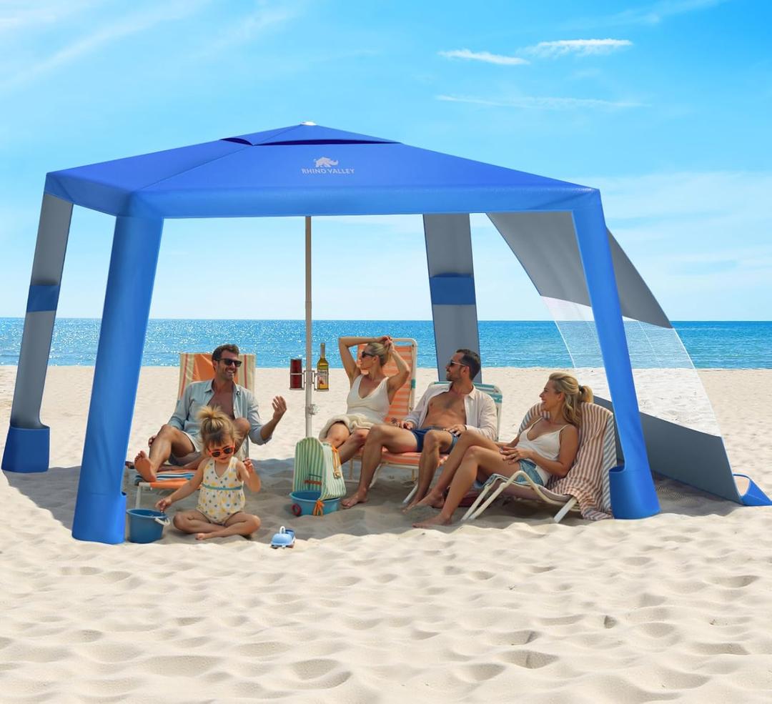 Rhino Valley Beach Cabana, 8 * 8FT Beach Tent UPF50+ Protection, Easy Setup Beach Canopy Wind Resistant with Cup Holder, Compact Beach Shade Foldable Beach Tent Sun Shelter,Dark Blue