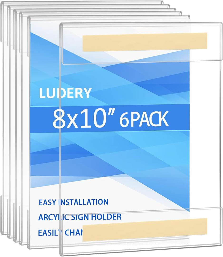 Acrylic Sign Holder 8 x 10 Wall Mount, Wall Mount Sign Holders, Clear Acrylic Frame with 3M Tape Adhesive, Plastic Wall Sign Holder for Office, Home, Restaurant(6 Pack)