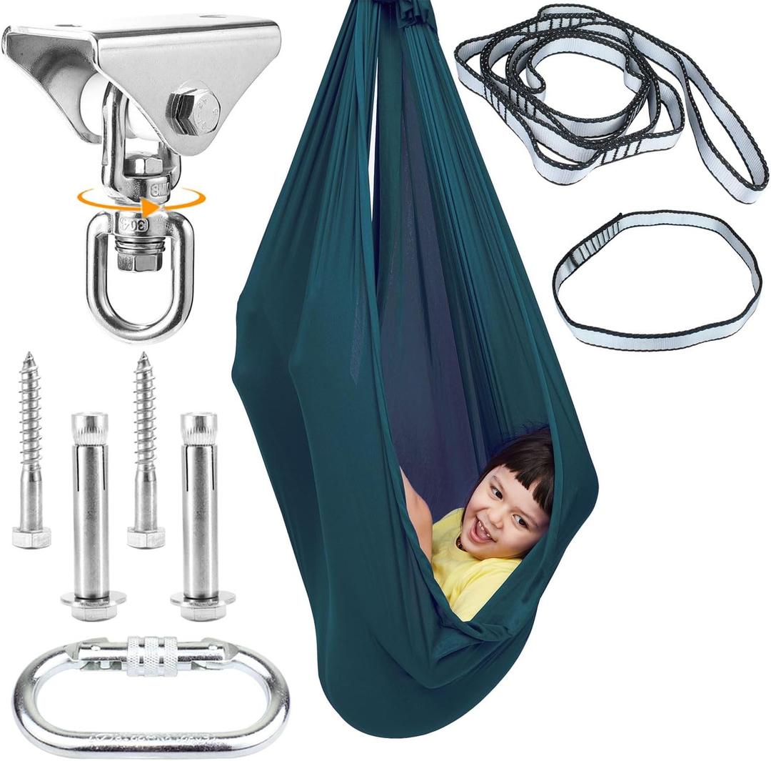 Sensory Swing for Kids with 360 Swivel Hook, Saggy-Resistant Double-Layer Fabric Indoor/Outdoor Cocoon Therapy Swing for Autism, Yoga & Play (Dark Green (360 Rotatable))