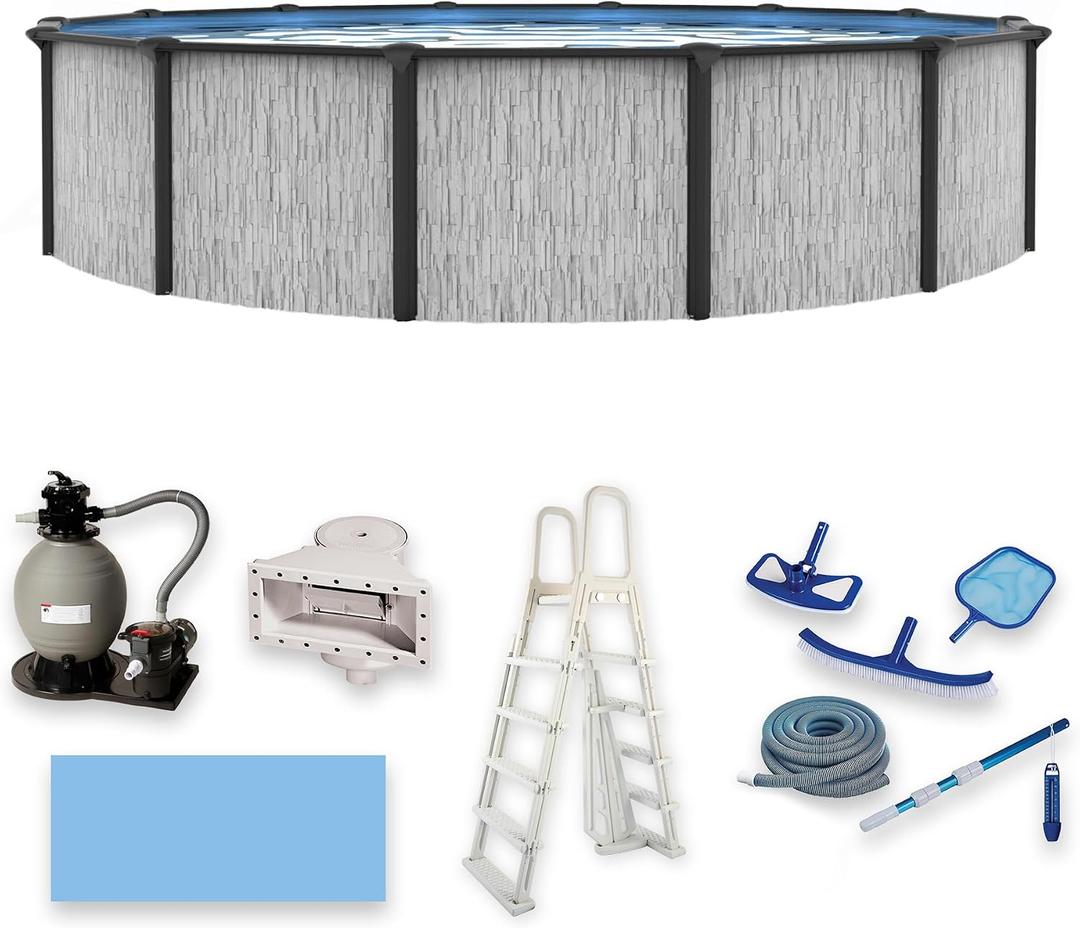 Blue Wave Sevilla 18-ft Round 52-in Deep Above Ground Swimming Pool with Steel Wall & Top Rails, Sand Filter, Overlap Liner, A-Frame Ladder & Maintenance Kit Complete Outdoor Pool Accessories