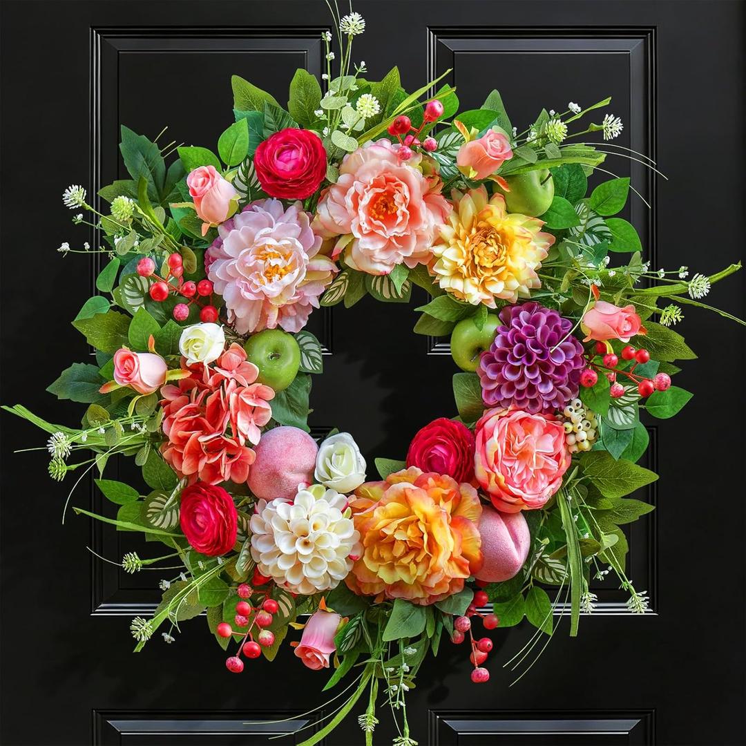 Pinkpuii Spring Wreaths for Front Door 24 Inch Lush Summer Flower Wreath with Peonies, Dahlias, Roses, Pink Hydrangeas & Realistic Fruit Accents, Unique Spring Door Wreath for Porch & Entryway Decor