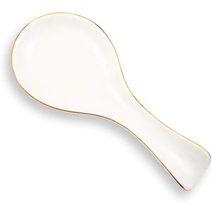 Patelai Ceramic Spoon Rest Spoon Holder Stovetop for Kitchen Stove Coffee Bar Accessories(White with Gold Brim)