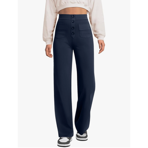 keriffe Women's Straight Leg Pants High Waisted Button Stretchy Business Work Dress Casual Trousers Multiple Pockets, Navy Blue, Extra Small