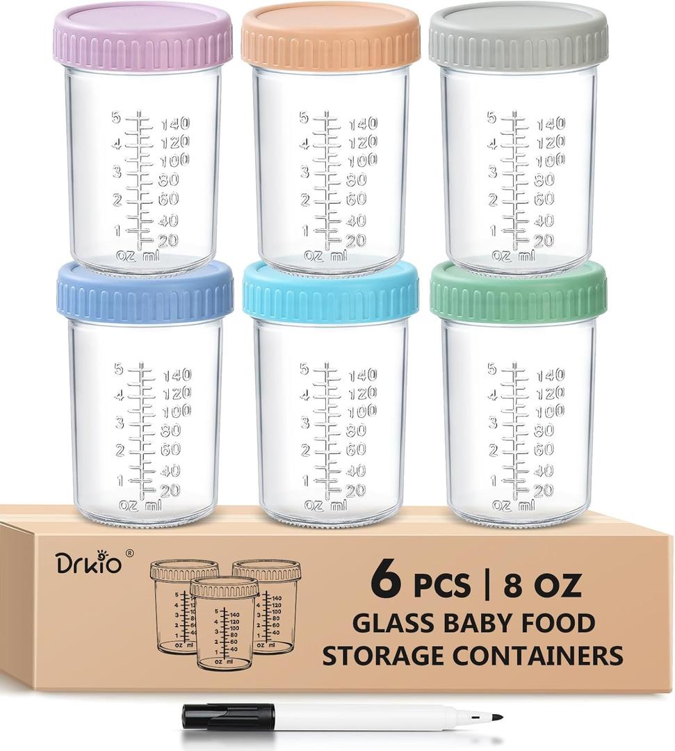 DRKIO 6 Pack Glass Baby Food Storage Containers - 8 Oz Baby Food Jars with Lids Baby Food Maker Microwave Dishwasher Freezer Safe 100% Leak Proof BPA Free Reusable