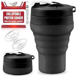 Tilcore Collapsible Protein Shaker & Water Bottle Food-Grade, Leakproof Lid 600mL/20oz Shaker Cup - Reusable Silicone Shaker Cups for Protein Shakes with Mixing Ball for Gym-goers & Travelers