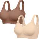LetsJoli Bras for Women Supportive Wireless Push Up Bra Full Coverage No Underwire Seamless Plus Size for Older Women(Nude+Coffee, 2PCS, 2XL)