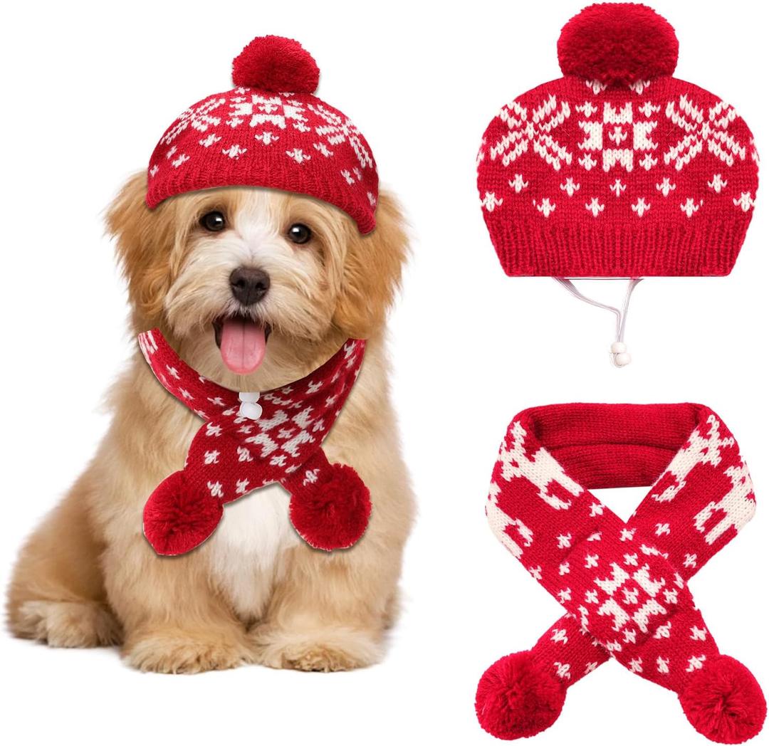 2 Pcs Dog Costumes Hat Scarf Set Knit Reindeer Snowflake Print Dog Christmas Winter Hat Scarf Cute Warm Pet Costume Accessories for Dogs Cats (Medium, Red)