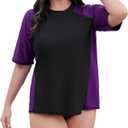 Halcurt Women's Plus Size Short Sleeve Rash Guard Swimsuit Top with Built in Bra Swim Shirt UPF50+ Bathing Suit (2X)