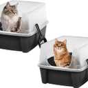 IRIS USA 2 Pack Large Open Top Cat Litter Box with High Sides, Scatter Shield & Scoop, Black, for Indoor Cats, Kittens or Multicat Homes