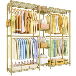 Ulif E4 Clothes Rack, Heavy-Duty Garment Rack, Metal Freestanding Clothing Organization Storage System Can Be L-Shaped with Shelves and Hangers, Max Load 962lbs, 71.6" W x 14.5" D x 79.3" H, Gold