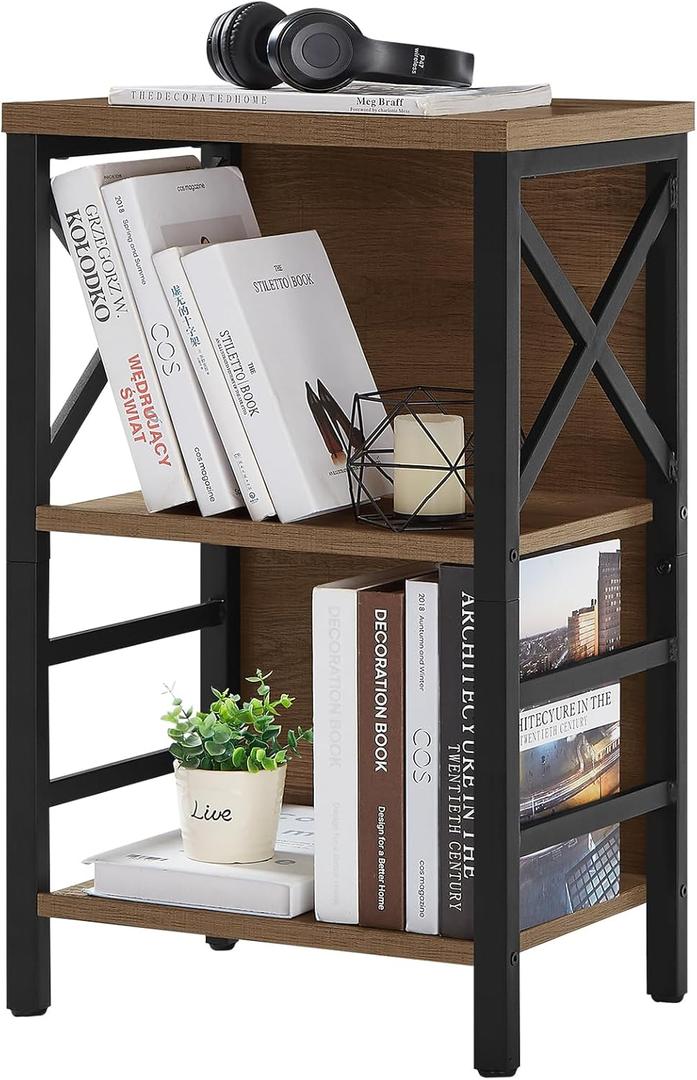Small Bookshelf, 3 Tier Industrial Bookcase with Metal Frame and Backboard, Low Rustic Brown Book Shelf, Book case for Small Spaces, Living Room, Bedroom and Home Office (3-Tier15.7"W x 11.8"D x 27.6"H)