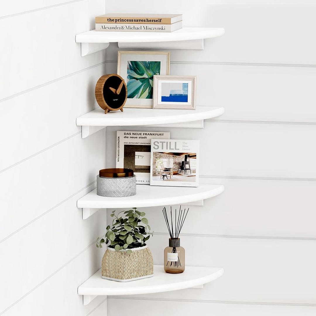 Forbena White Corner Floating Shelves for Wall Set of 4, Rounded Corner Shelves Wall Mounted for Kids Bedroom Books, Cute Wood Hanging Corner Shelf for Bathroom Decor, Living Room, Small Spaces (10" Depth)