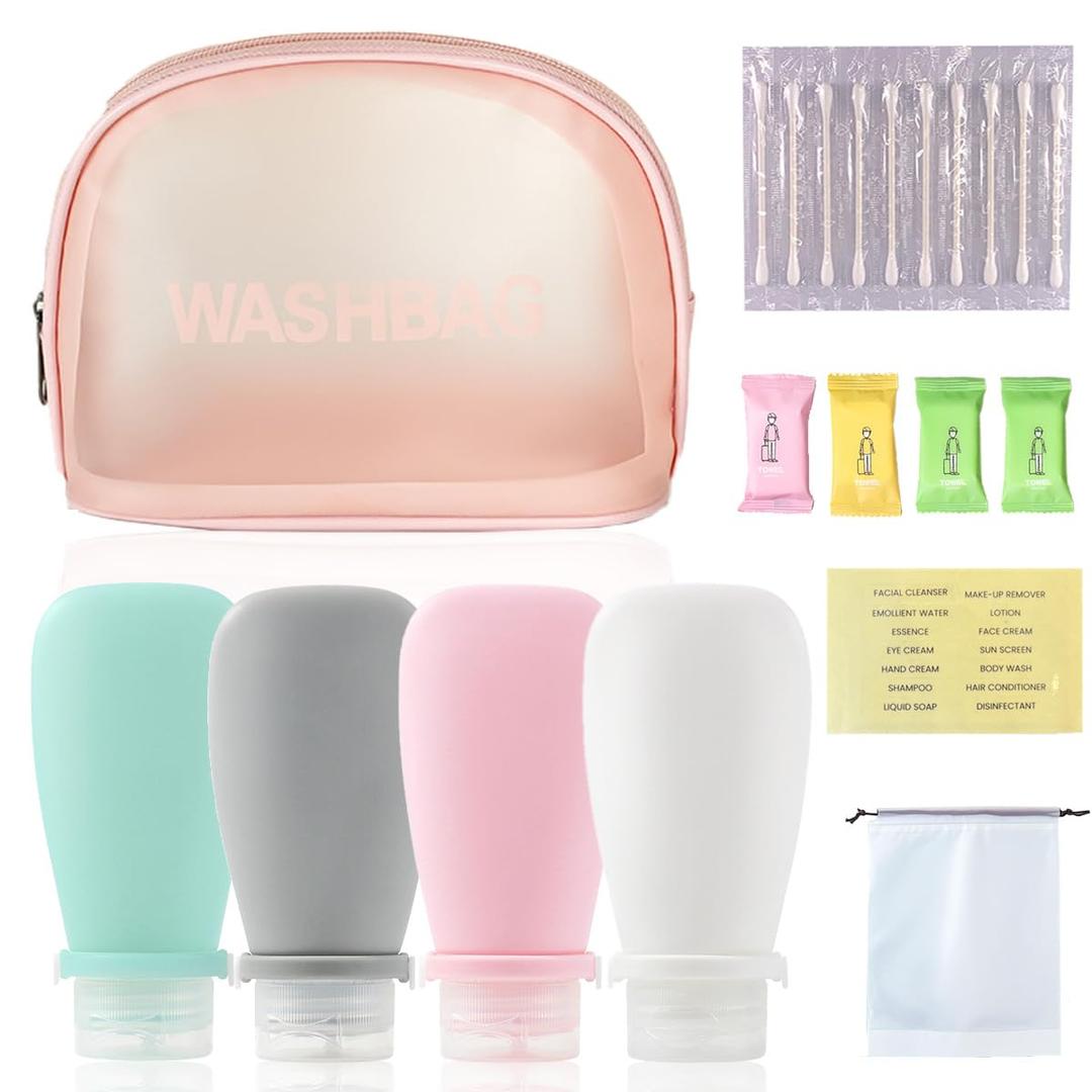 2 x 21 Pack Travel Bottles for Toiletries TSA Approved 3oz Silicone Travel Size Containers Leak Proof Refillable Squeezable Travel Essentials for Shampoo Conditioner Lotion with Pink Toiletry Bag