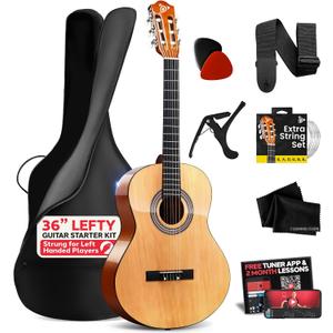Pyle Left Handed Beginner Acoustic Guitar Kit, 3/4 Junior Size All Wood Build Nylon String Instrument with Capo, Strap, Extra String Set, Gig Bag, Guitars for Beginners Adults Youth, 36" Natural Gloss