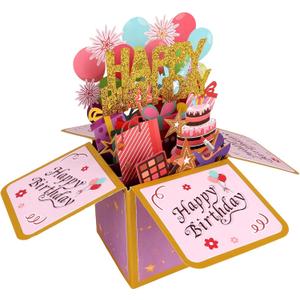 Pop up Card Birthday, Colorful Pop up 3D Funny Happy Birthday Greeting Card with Envelope & Message Paper for Women Party Decor Creative Gift