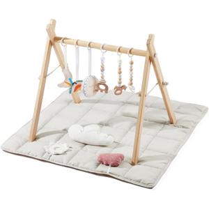 Baby Gym with Mat, Wooden Play Gym with 9 Sensory Toys, Foldable Baby Play GymFrame Activity Center, Natural Pine Wood, Montessori Toys, Easy to Assemble & Clean, Natural Color