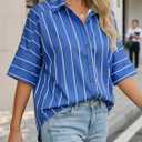 Cicy Bell Women Striped Button Down Shirt Short Sleeve Collared Blouse Tops (M)