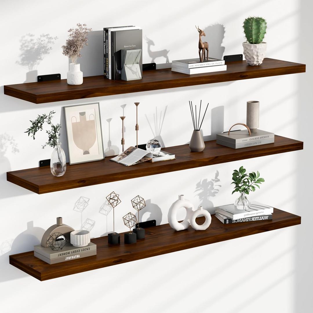 36 Inch Floating Shelves Set of 3, Walnut Solid Wood Wall Mounted Shelves with 100 lbs Capacity, 3ft Rustic Farmhouse Wood Shelving for Living Room, Kitchen, Bedroom & Bathroom, 3T36IN