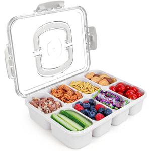Snackle Box Container, Large 8-Compartment Divided Serving Tray with Lid and Handle, Portable Snack Tray for Travel Party Beach Picnic, Dishwasher Safe, BPA-Free, Wheat Straw