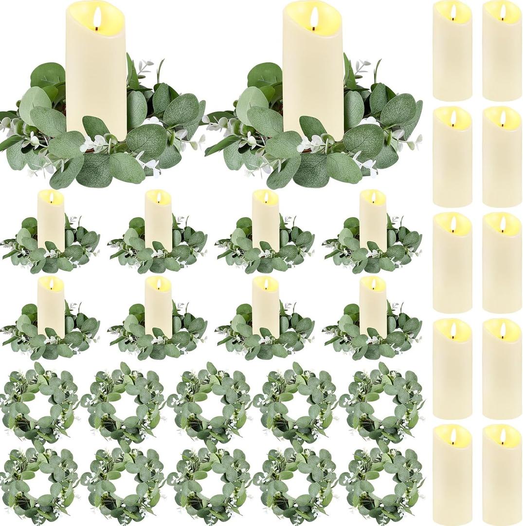 VIHOSE 10 Set Candle Rings Artificial Eucalyptus Leaves Wreaths with Flameless Candles Sets Boho Wreath Pillar Candleholders LED Pillar Battery Table Centerpieces for Wedding Home Party Decor