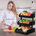 Bamboo 3 Tier Fruit Basket For Counter, Large Capacity Fruit Storage Countertop, Fruit Holder, Wooden Pantry Organizers and Storage, Kitchen Countertop Organizer With 2 Banana Hangers (Black)