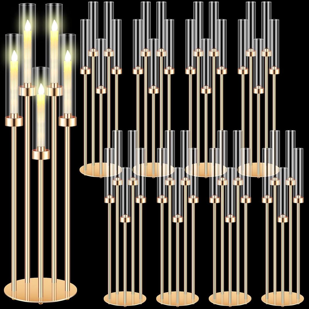 Tandefio 8 Pcs Acrylic Candelabra Centerpieces 35" Tall Clear Candle Holders Pillar Taper Candlestick with Lampshades 5 Arm Floor Candelabra Stand for Wedding Christmas Ceremony Dinner Party