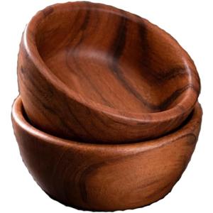 Acacia Wooden Salad Bowls (Set of 2): 6" x 3" Individual Wood Serving Bowls for Fruits, Cereal, Salads or Snacks - Handmade from a Single Organic Piece of Acacia Wood, Food Safe