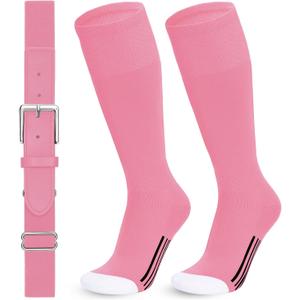 WHIPPY Baseball Socks and Belt Combo Softball Socks and Belt for Boys Girls (Pink, L)