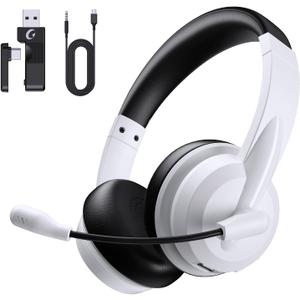 Wireless Headset with Mic for Work with AI Noise Cancelling Mic for Clear Calls, Bluetooth V5.3 Headphones with Microphone to USB A/C Dongle & Mic Mute for Computer Laptop PC iPhone (Black White)